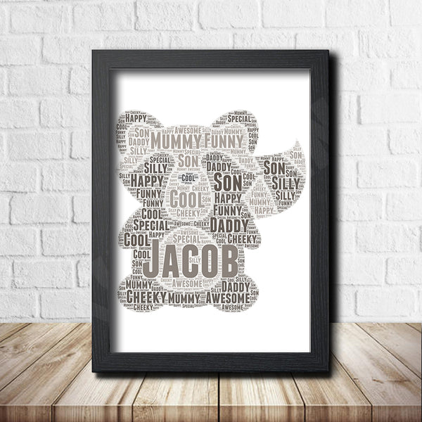 Personalised raccoon word art print in a black frame