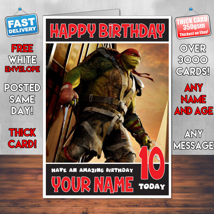 RAPHEAL TMNT BM1 THEME INSPIRED Style PERSONALISED Kids Adult FUNNY Birthday Card