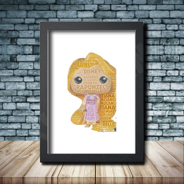 Personalised pop figure word art print inspired by Rapunzel in a black frame