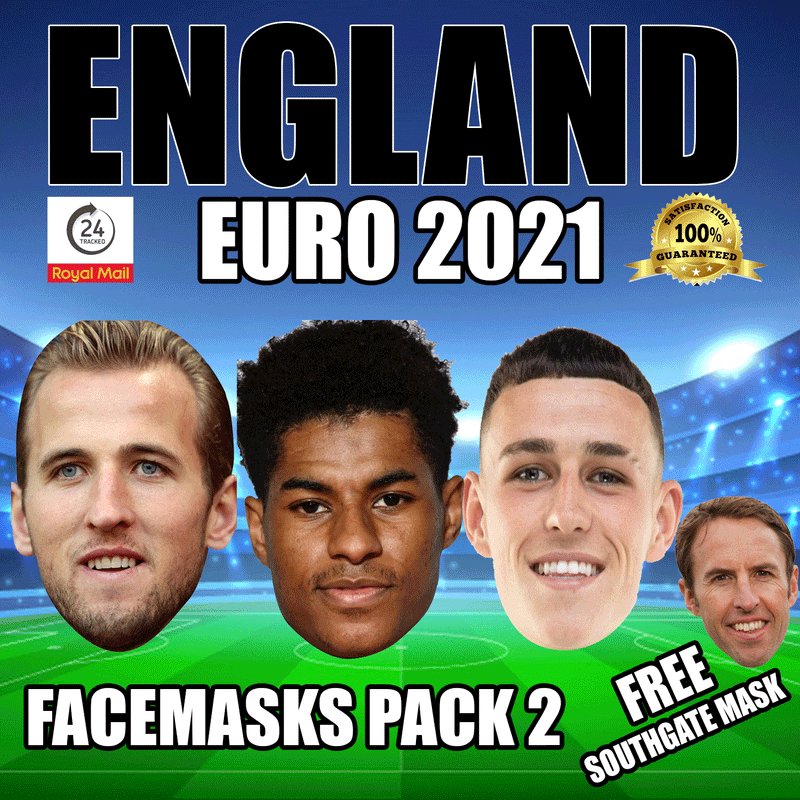 ENGLAND EURO 2021 CELEBRITY FACE MASK PACK 2 KANE, RASHFORD, FODEN, FREE SOUTHGATE