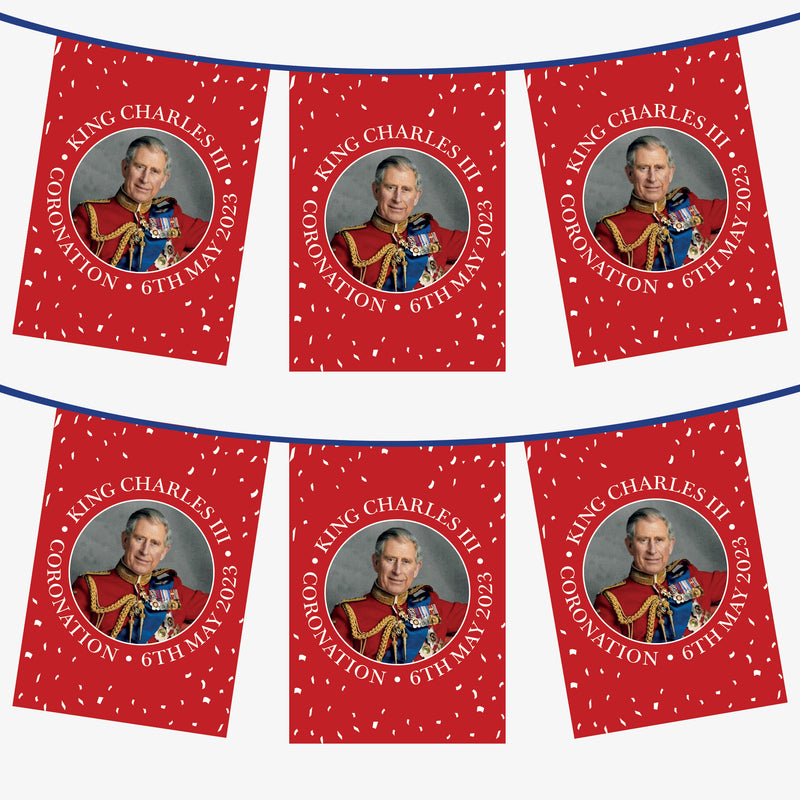 King Charles Coronation Bunting - Red Image Design Pennants - 3 Metres - 6 Metres