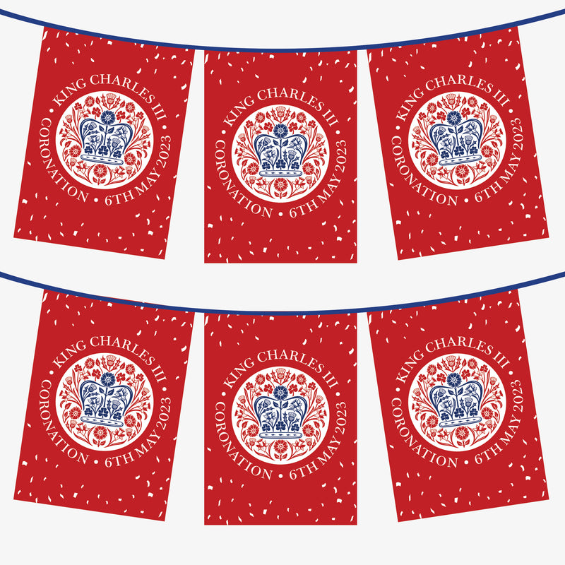 King Charles Coronation Bunting - Red Logo Design Pennants - 3 Metres - 6 Metres