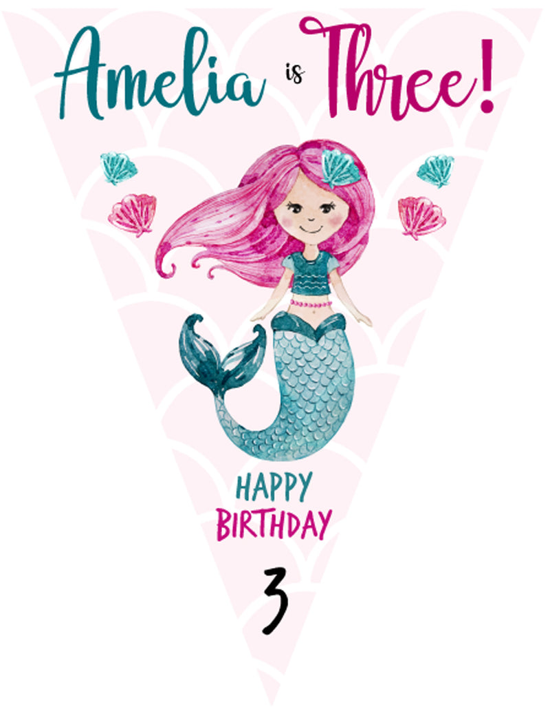 RM174 Mermaid Birthday Bunting A Personalised Custom Bunting Premium Party Decorations  (Standard Bunting (14.8cm X 21cm))