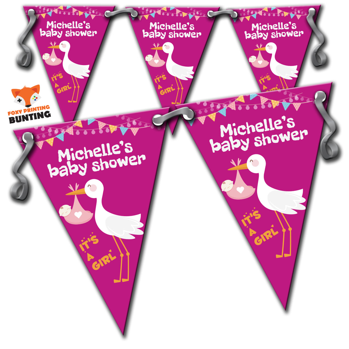 RM35 Single Girl Baby Shower Bunting B Personalised Custom Bunting Premium Party Decorations  (Standard Bunting (14.8cm X 21cm)) – RM35 Single Girl Baby Shower Bunting B Personalised Custom Bunting