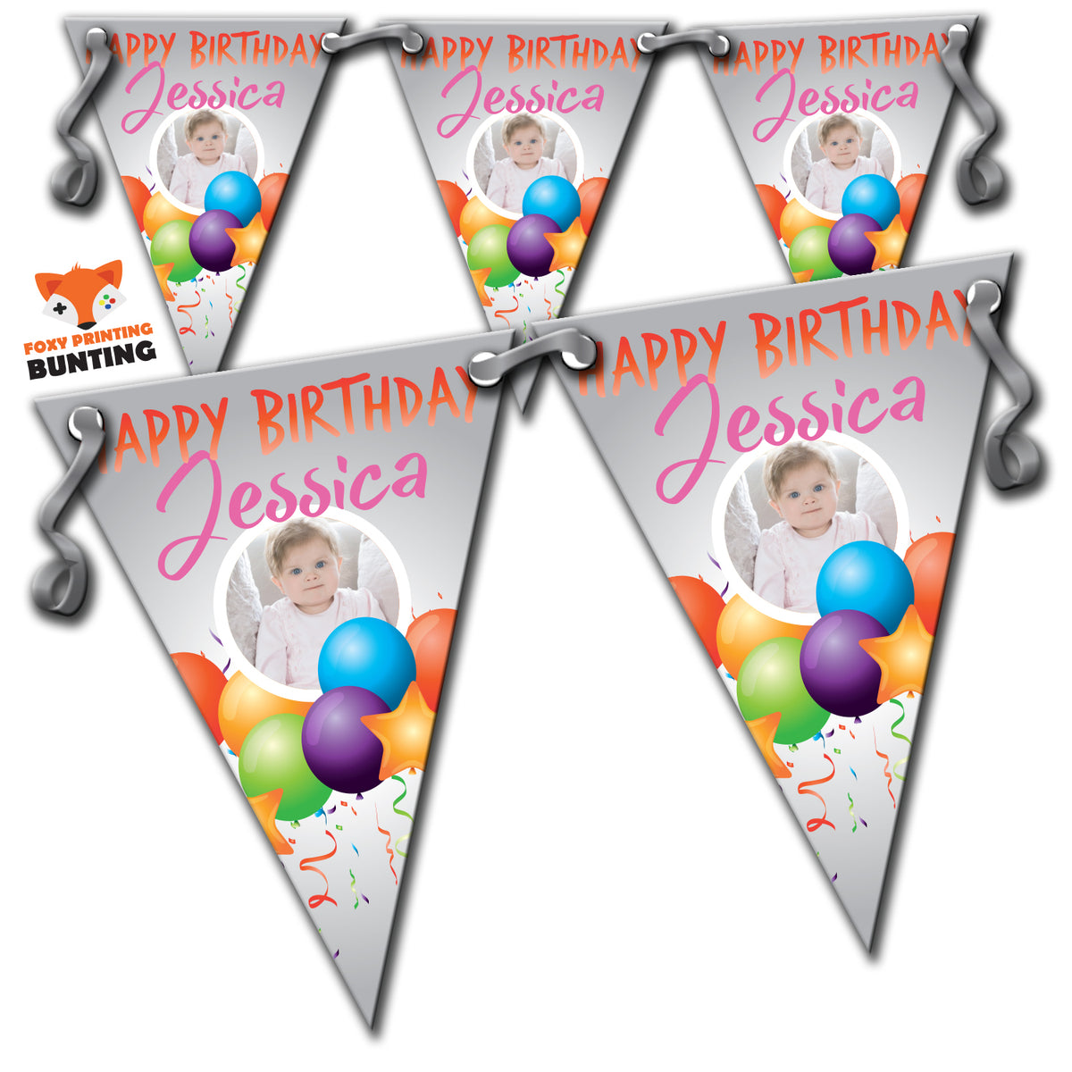 RM44 Single Birthday Balloon  Bunting A Personalised Custom Bunting Premium Party Decorations  (Standard Bunting (14.8cm X 21cm)) – RM44 Single Birthday Balloon Bunting A Personalised Custom Bunting