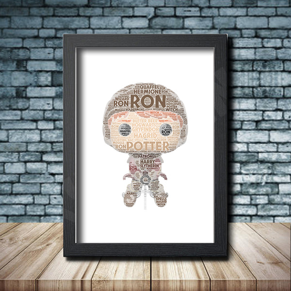 Personalised pop figure word art print inspired by Ron Weasley in a black frame