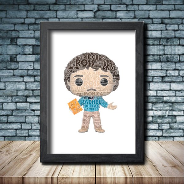 Personalised pop figure word art print inspired by Ross Geller in a black frame