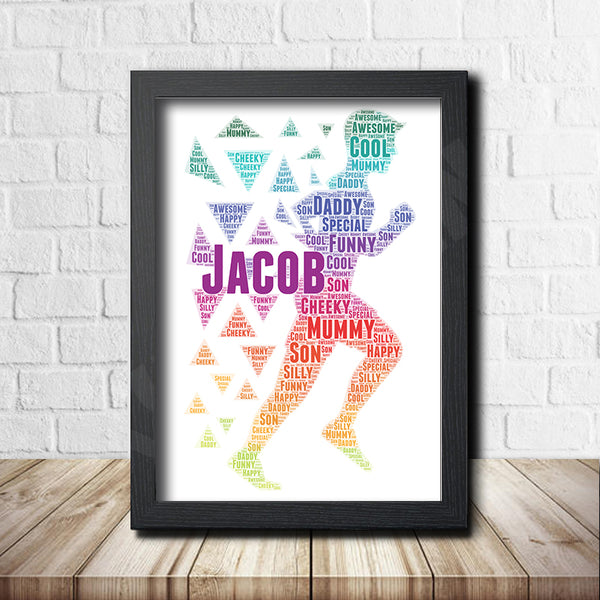 Personalised runner word art print in a black frame