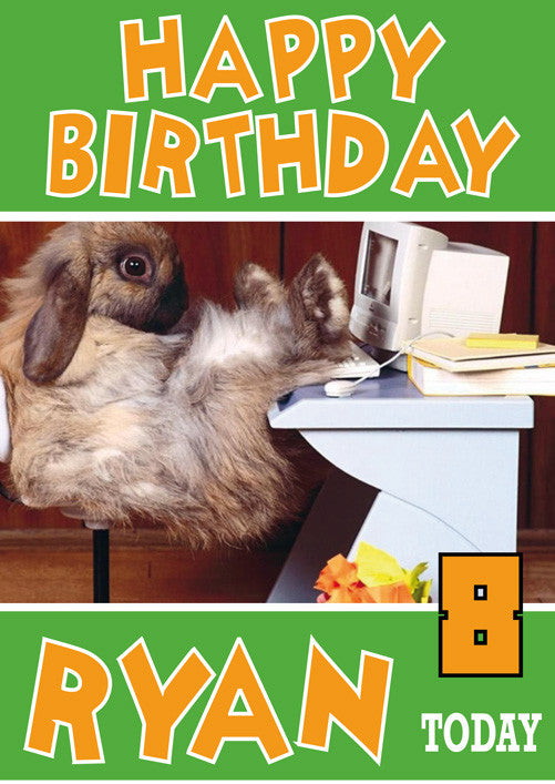 Rabbit At Desk Funny Kids Adult Personalised Birthday Card