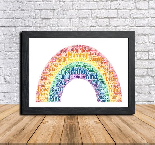 Personalised rainbow word art print in a black frame
