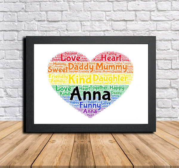 Personalised rainbow heart word art print in a black frame