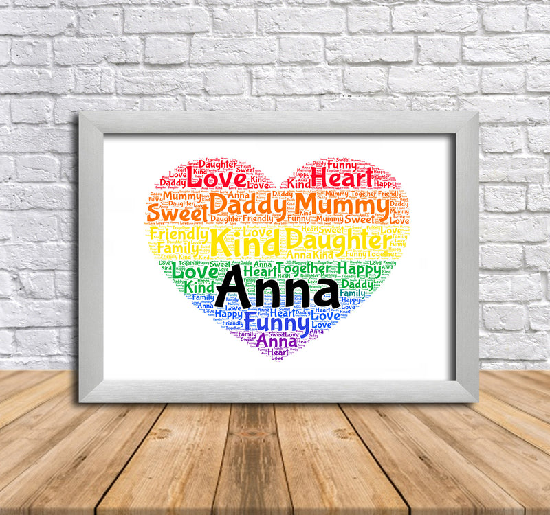 Personalised Rainbow Heart 2 Word Art Poster Print