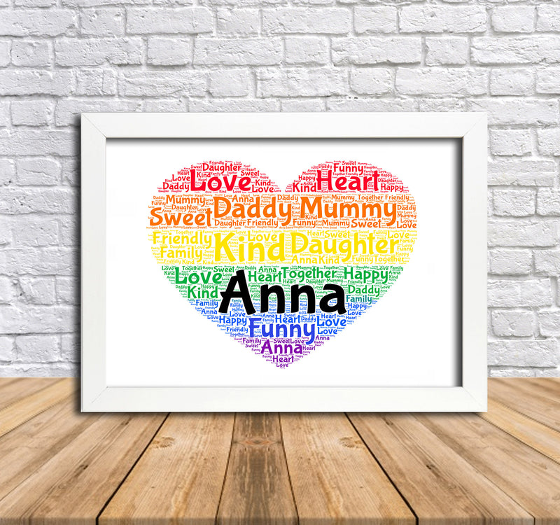 Personalised Rainbow Heart 2 Word Art Poster Print