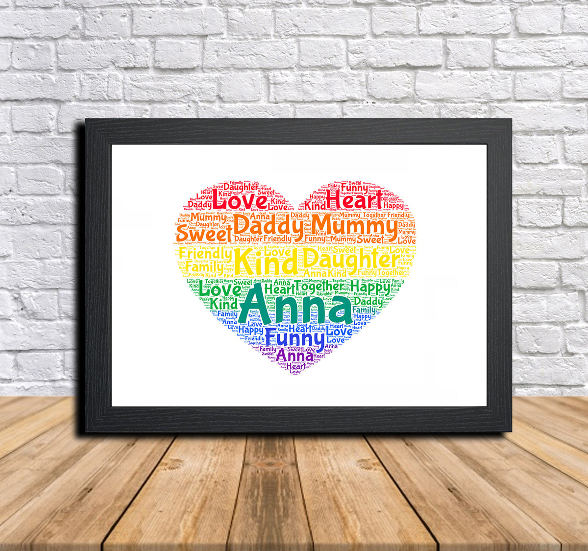 Personalised Rainbow Heart Word Art Poster Print – Personalised rainbow heart word art print in a black frame