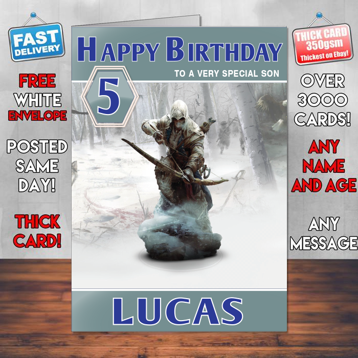Personalised Ratonhnhaketon Assassins Creed Inspired Style Game Kids Inspired Birthday Card (SA)