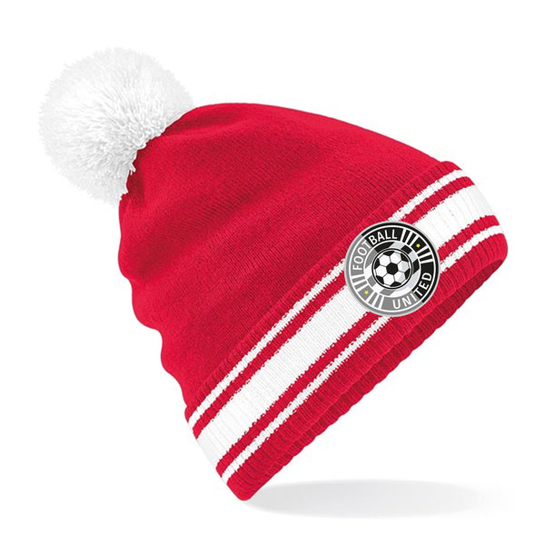 Personalised red and white bobble hat, with a full-colour printed badge on the striped cuff