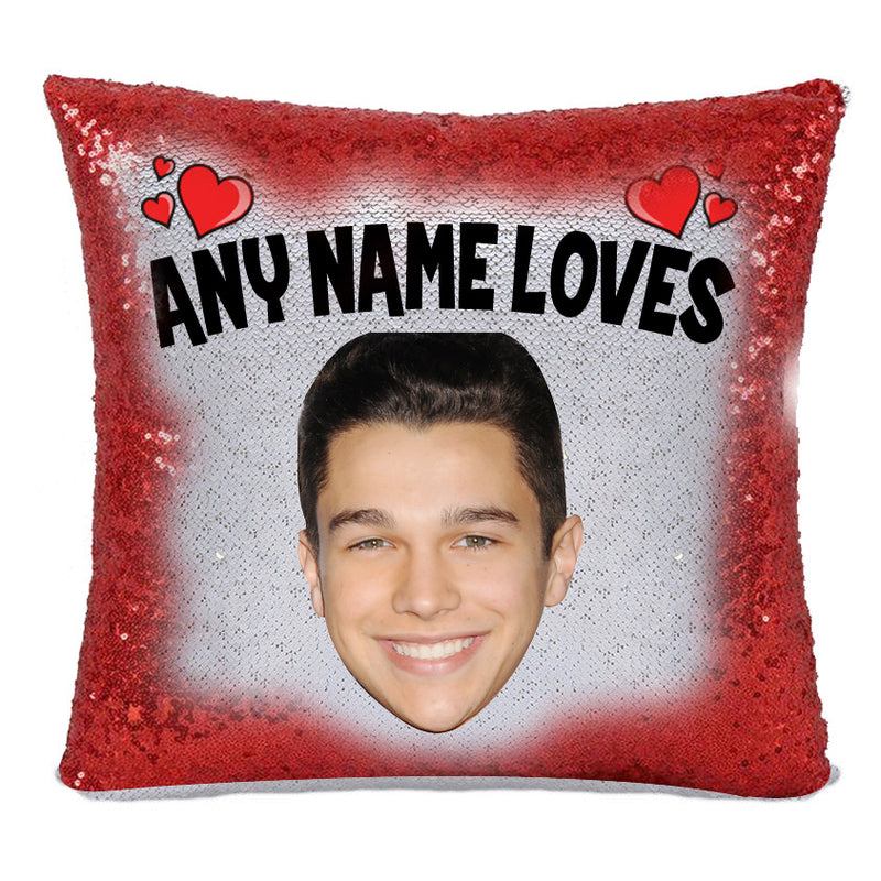 RED MAGIC SEQUIN CUSHION- ANY NAME LOVES AUSTIN MAHONE