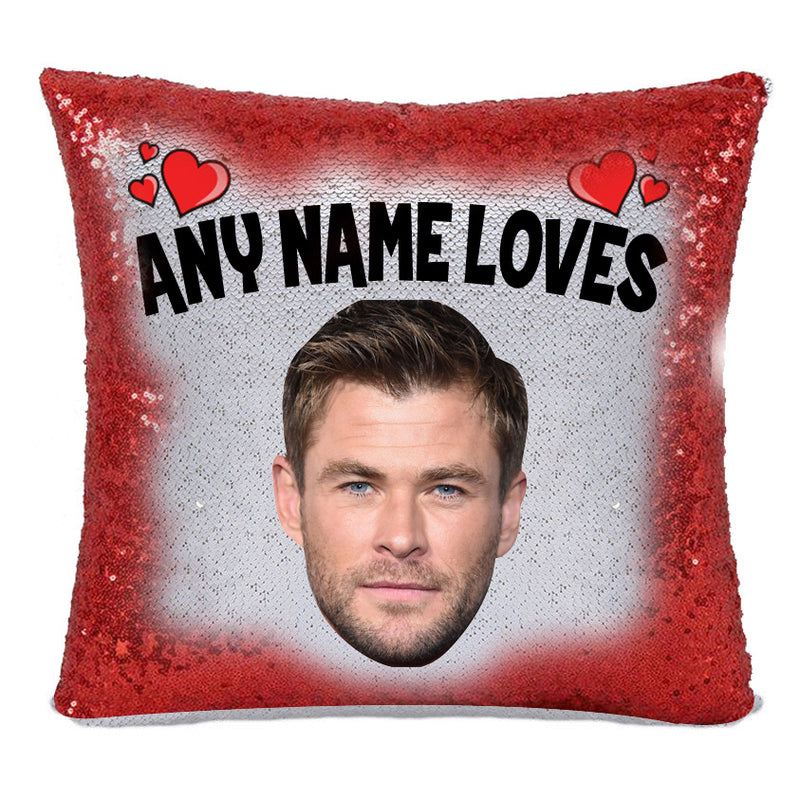 RED MAGIC SEQUIN CUSHION- ANY NAME LOVES CHRIS HEMSWORTH