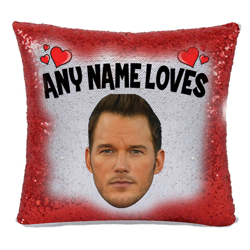 Red Magic Sequin Cushion- ANY Name Loves Chris Pratt