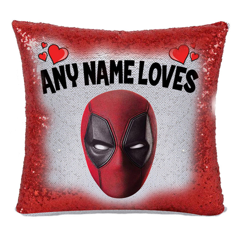 RED MAGIC SEQUIN CUSHION- ANY NAME LOVES DEADPOOL