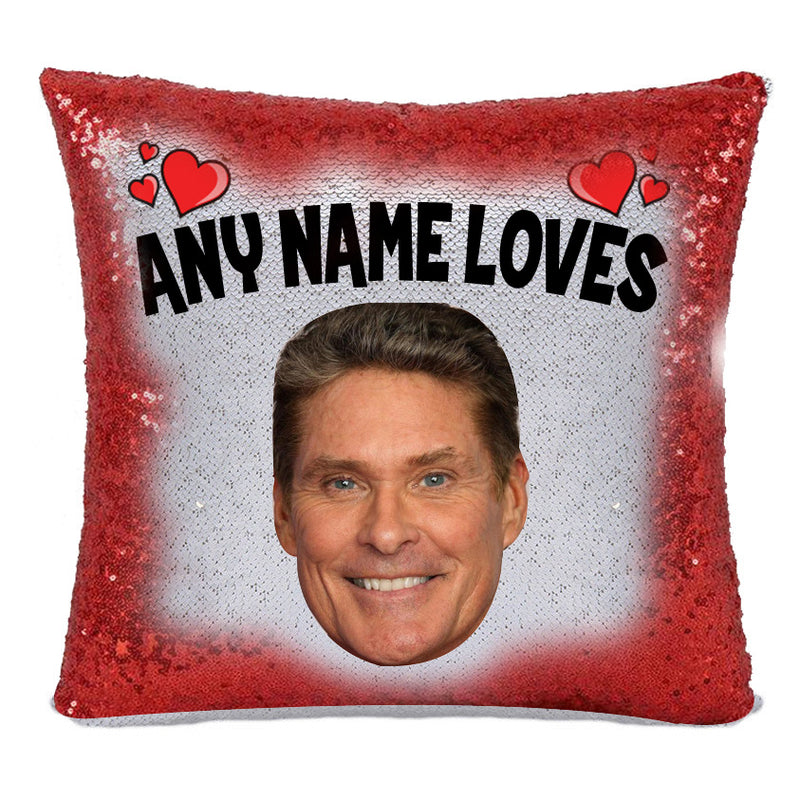 RED MAGIC SEQUIN CUSHION- ANY NAME LOVES DAVID HASSLEHOFF