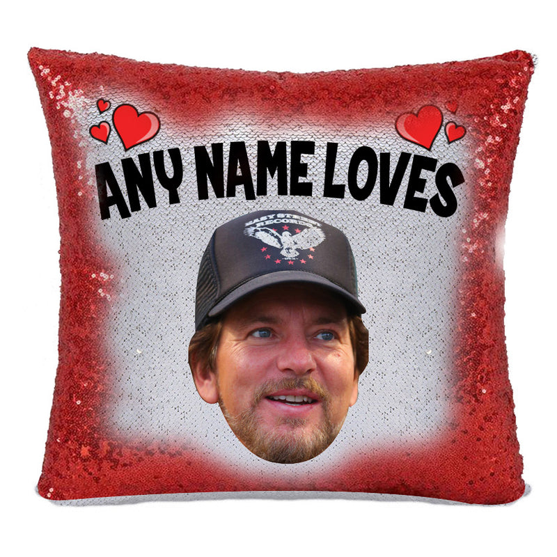 RED MAGIC SEQUIN CUSHION- ANY NAME LOVES EDDIE VEDDER