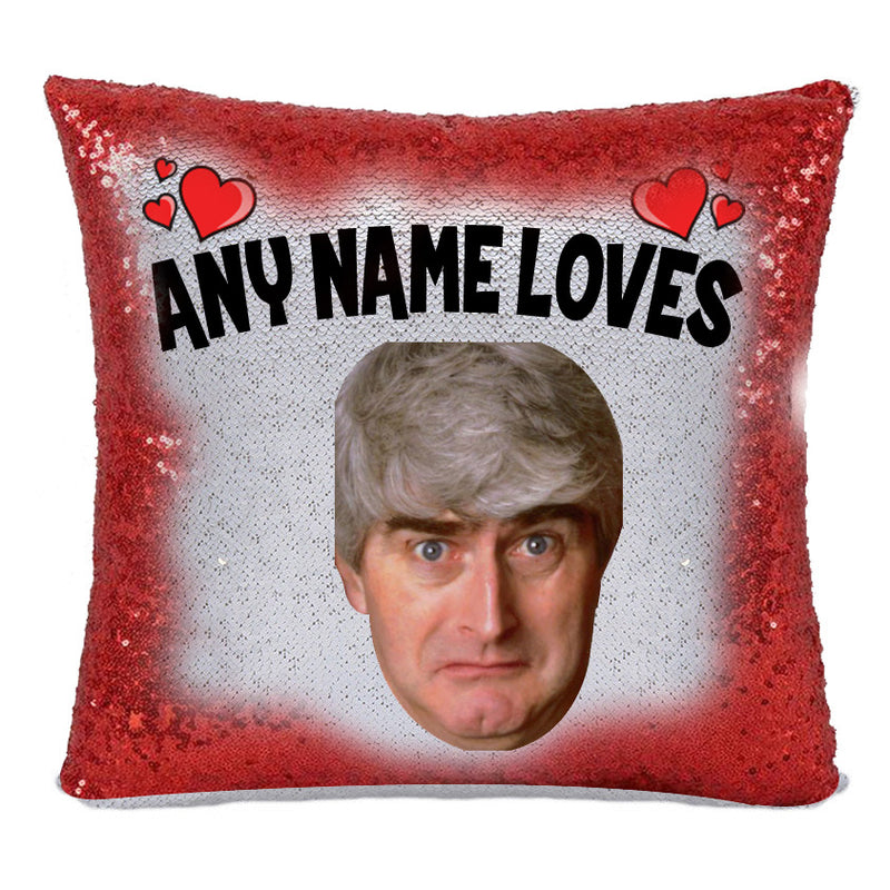 RED MAGIC SEQUIN CUSHION- ANY NAME LOVES FATHER TED