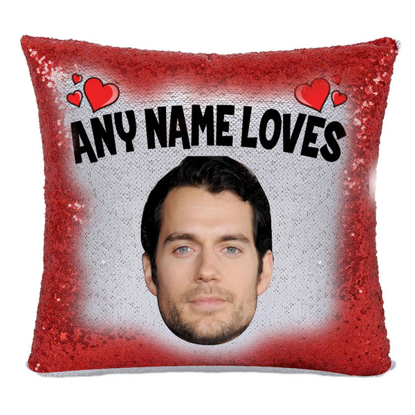 Red Magic Sequin Cushion- ANY Name Loves Henry Cavill