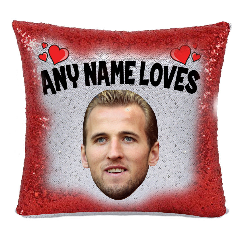 Red Magic Sequin Cushion- ANY Name Loves Harry Kane 2
