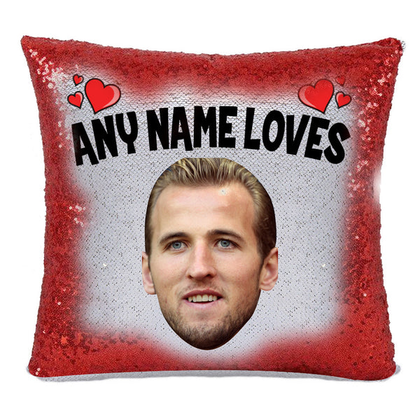 Red Magic Sequin Cushion- ANY Name Loves Harry Kane 2