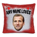 RED MAGIC SEQUIN CUSHION- ANY NAME LOVES HARRY KANE 2