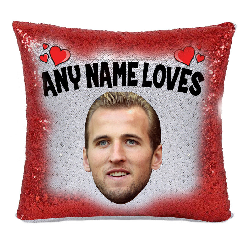 RED MAGIC SEQUIN CUSHION- ANY NAME LOVES HARRY KANE 2