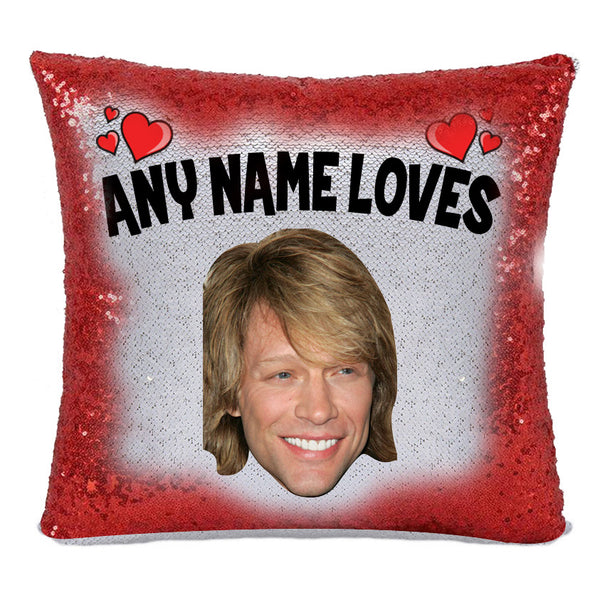 Red Magic Sequin Cushion- ANY Name Loves JON BON Jovi