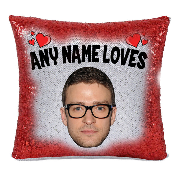 Red Magic Sequin Cushion- ANY Name Loves Justin Timberlake