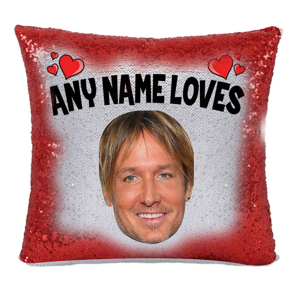 Red Magic Sequin Cushion- ANY Name Loves Keith Urban