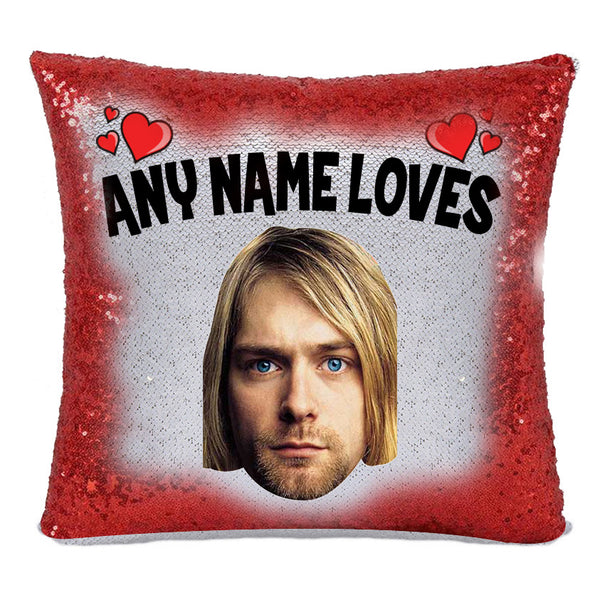 Red Magic Sequin Cushion- ANY Name Loves Kurt Cobain Rolling Stones