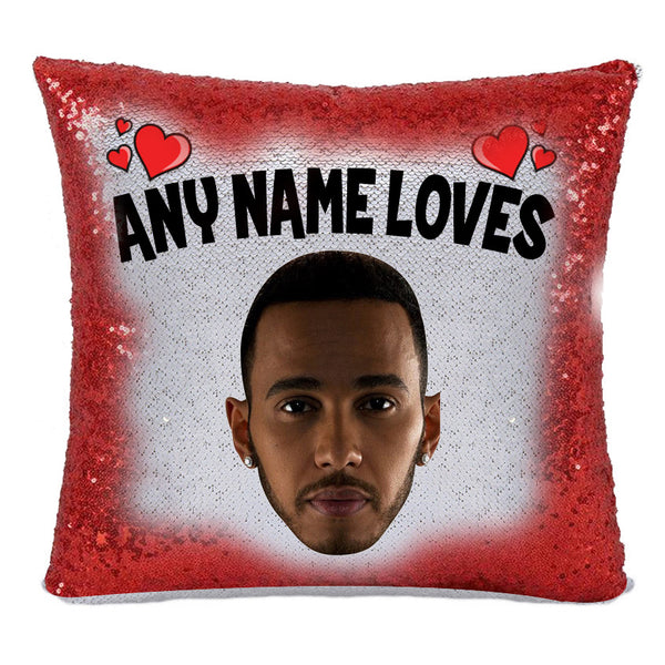 Red Magic Sequin Cushion- ANY Name Loves Lewis Hamilton