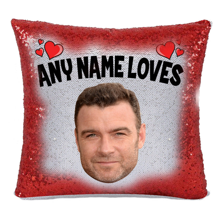 Red Magic Sequin Cushion- ANY Name Loves Liev Schreiber