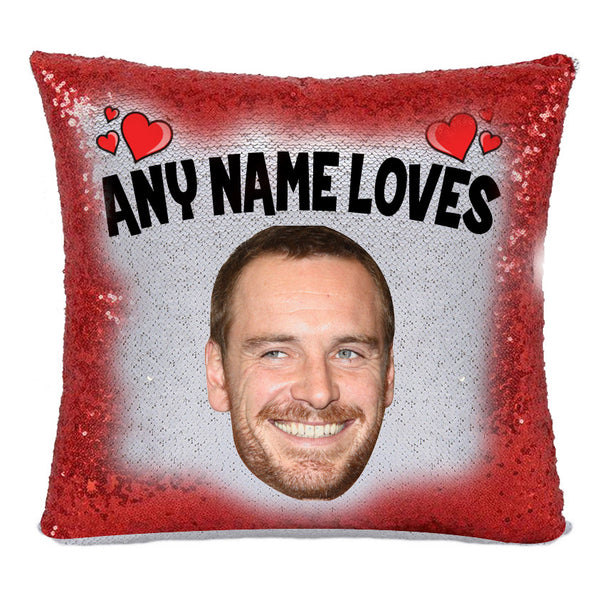 Red Magic Sequin Cushion- ANY Name Loves Michael Fassbender