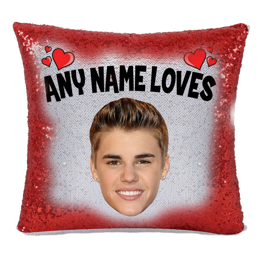 Red Magic Sequin Cushion- ANY Name Loves Justin Bieber Mint