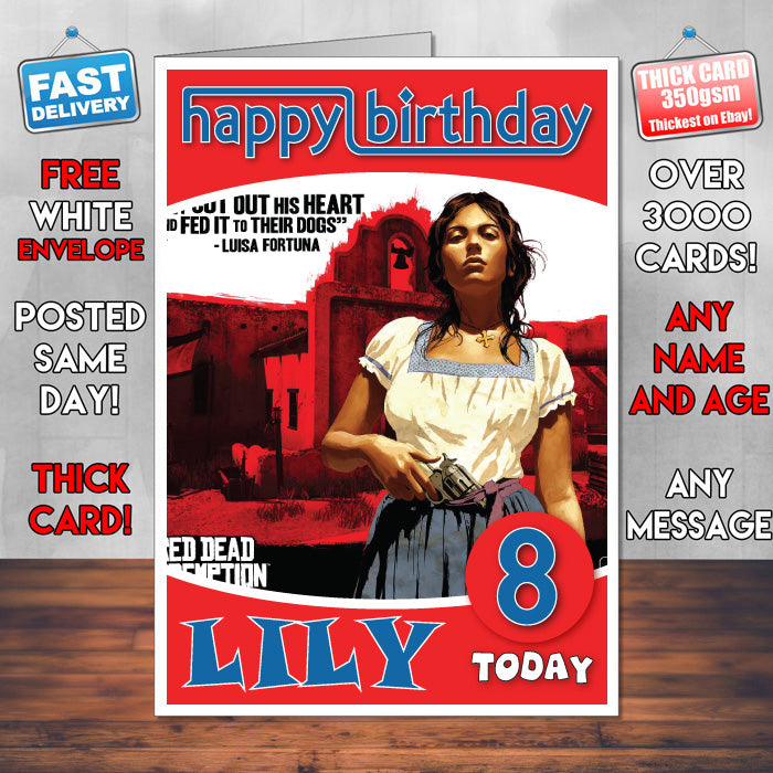 Personalised Red Dead Redemption Luisa Inspired Style Game Kids Inspired Birthday Card (SA)