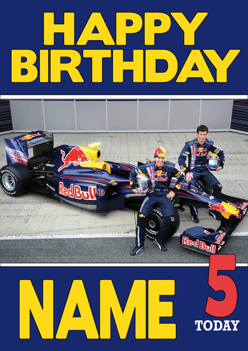 Personalised Red Bull F1 THEME INSPIRED PERSONALISED Kids Adult Birthday Card