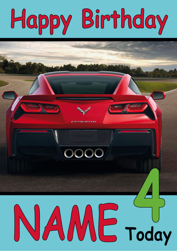 Red Corvette Rear Personalised THEME INSPIRED Style PERSONALISED Kids Adult FUNNY Birthday Card
