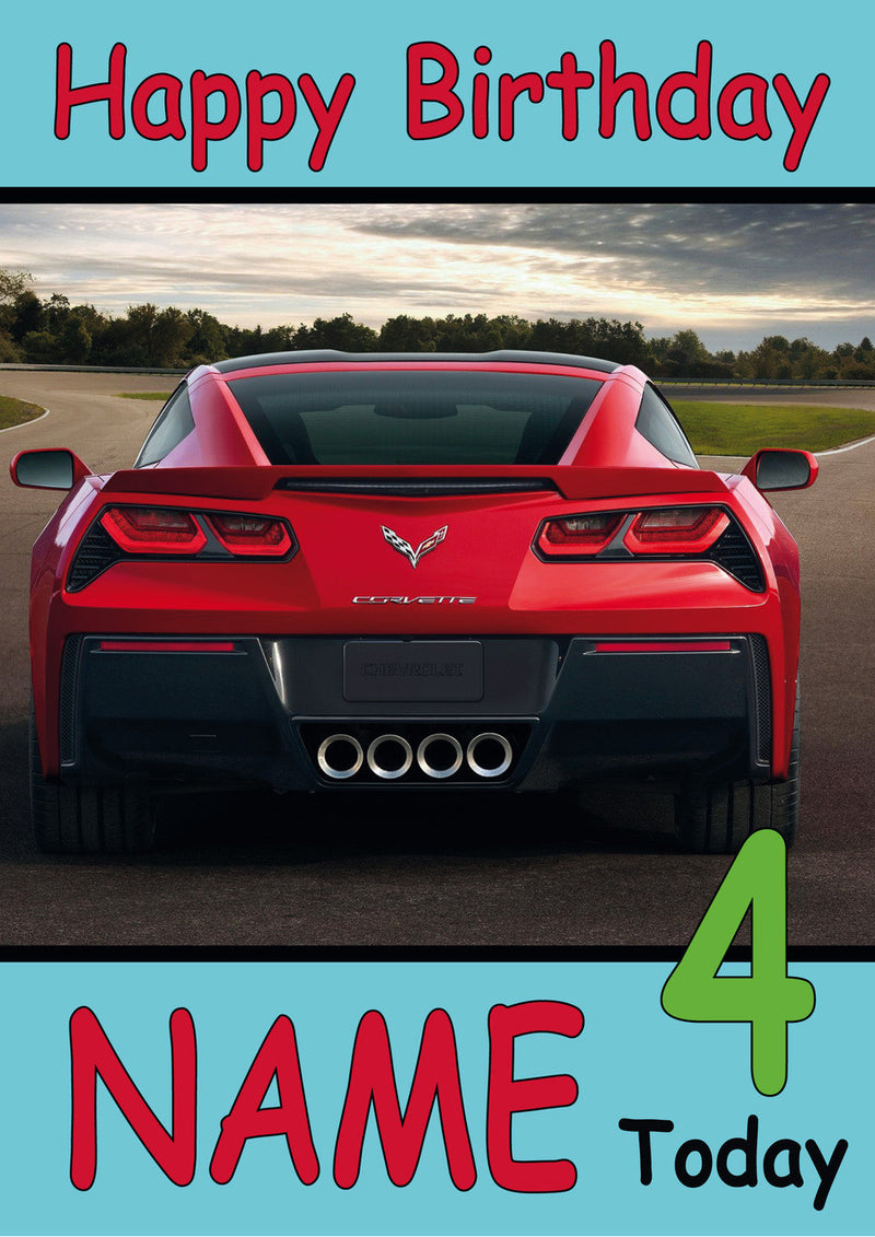 Red Corvette Rear Personalised THEME INSPIRED Style PERSONALISED Kids Adult FUNNY Birthday Card