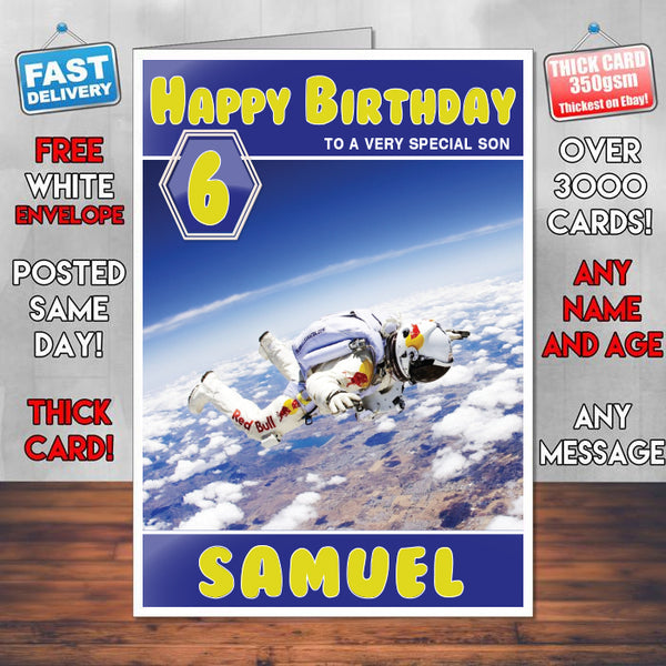 Red Bull Skydiver Theme Inspired Kids Inspired Adult Personalised Sports Birthday Card (SA)