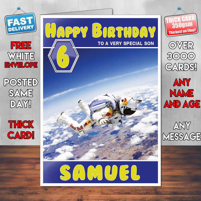 Red Bull Skydiver Theme Inspired Kids Inspired Adult Personalised Sports Birthday Card (SA)
