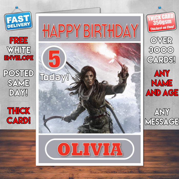 Personalised Rise Of The Tomb Raider 3 Inspired Style Game Kids Inspired Birthday Card (SA)
