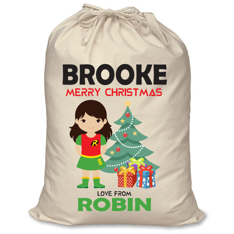 PERSONALISED Cartoon Inspired Super Hero Robin Girl BROOKE - XL Children's Christmas Santa Sack CUSTOMISE Present