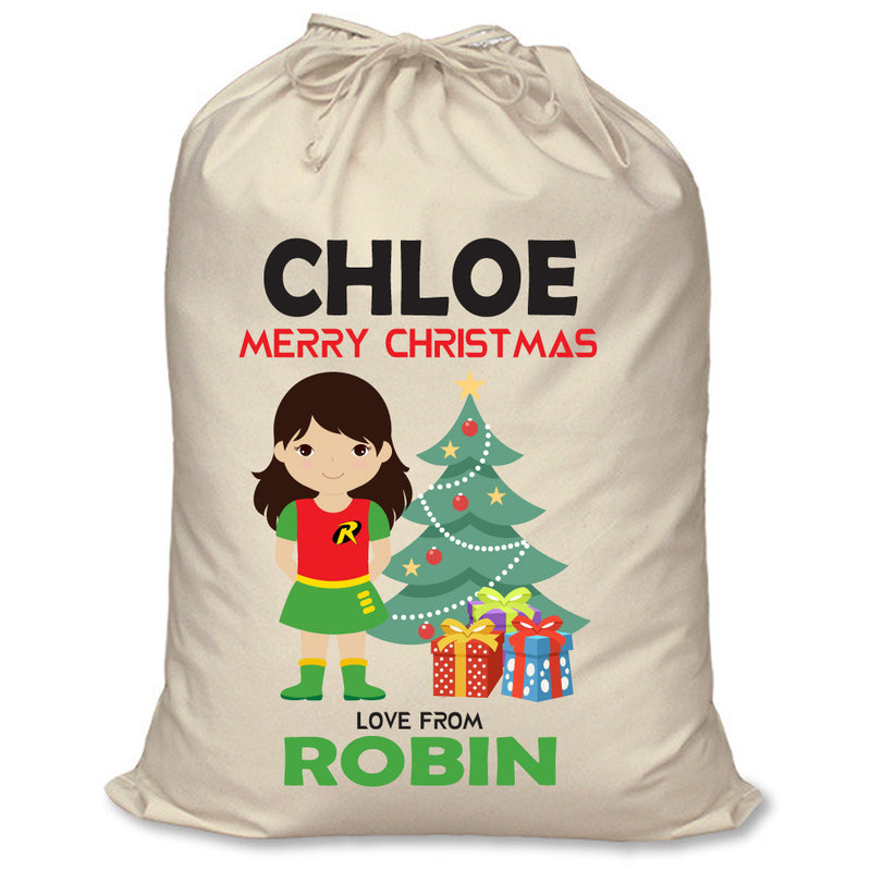 PERSONALISED Cartoon Inspired Super Hero Robin Girl CHLOE - XL Children's Christmas Santa Sack CUSTOMISE Present
