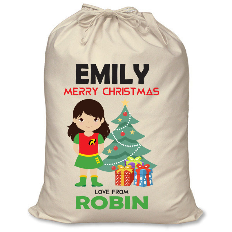 PERSONALISED Cartoon Inspired Super Hero Robin Girl EMILY - XL Children's Christmas Santa Sack CUSTOMISE Present